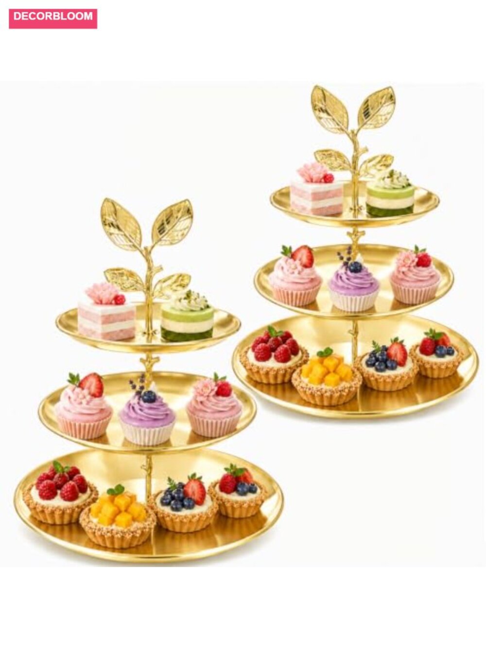 2 Pack 3 Tier Stainless Steel Cupcake Stand Set Leaf Handle Tiered Serving Tray